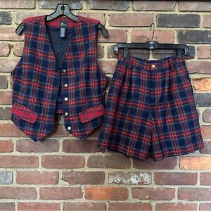 VTG LIZ SPORT wool blend plaid shorts vest set size 4P 4 petite